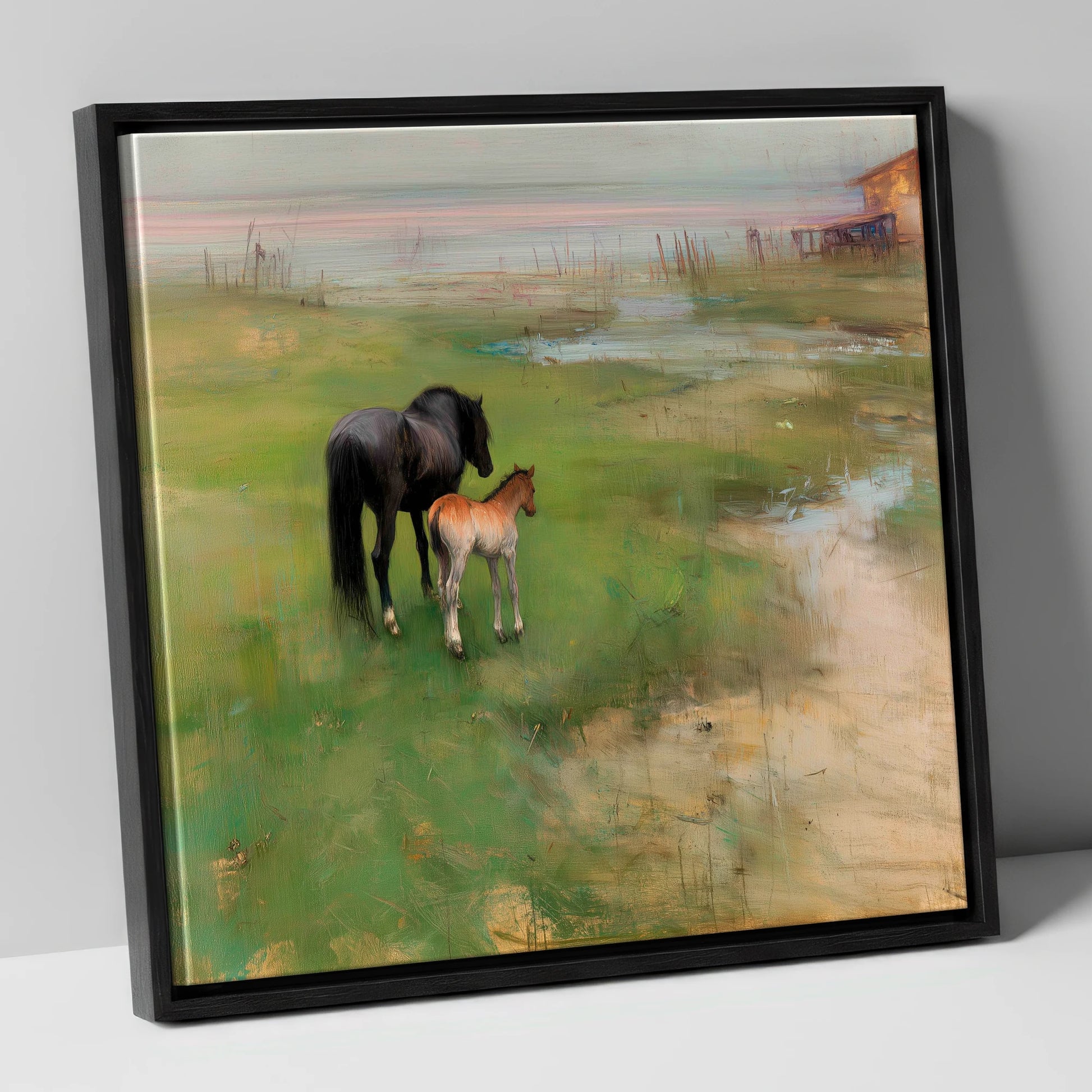 Morning on the Marsh mare & foal canvas wall art in black frame