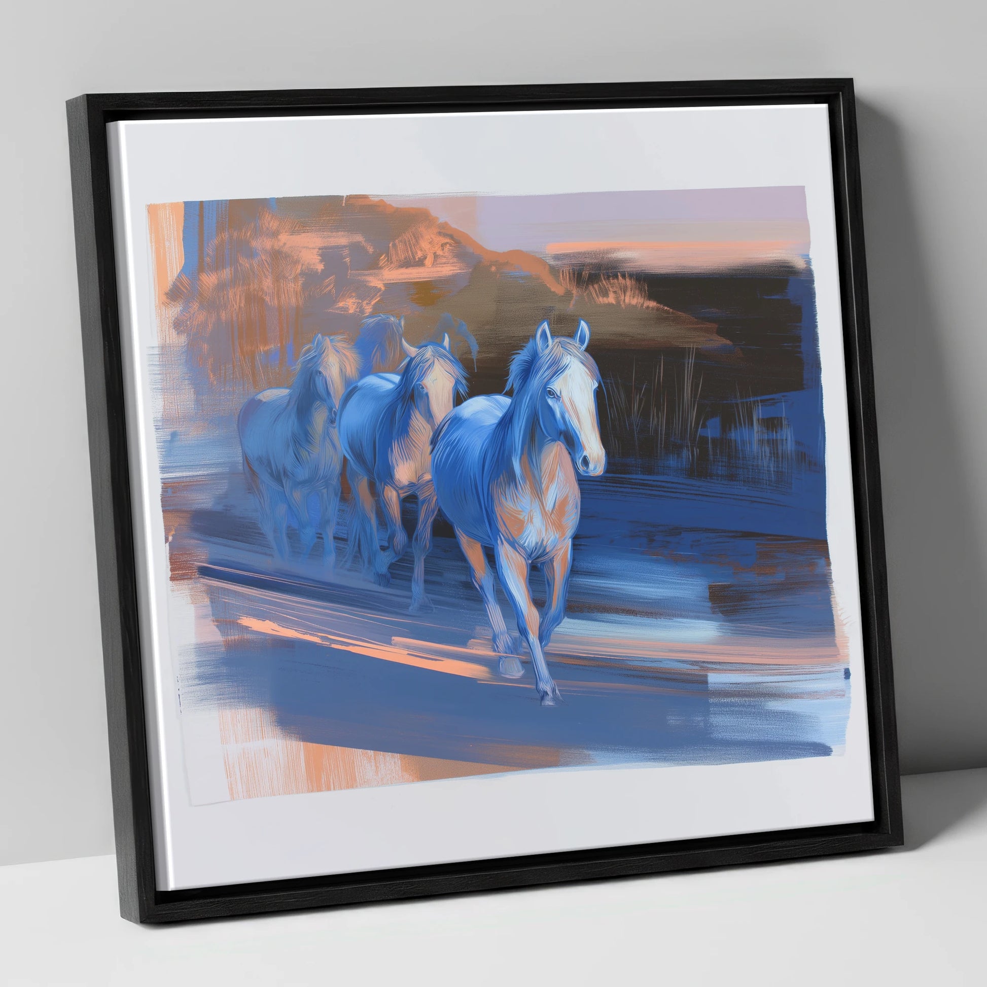 Cobalt Dawn Herd wild horses canvas wall art in black frame