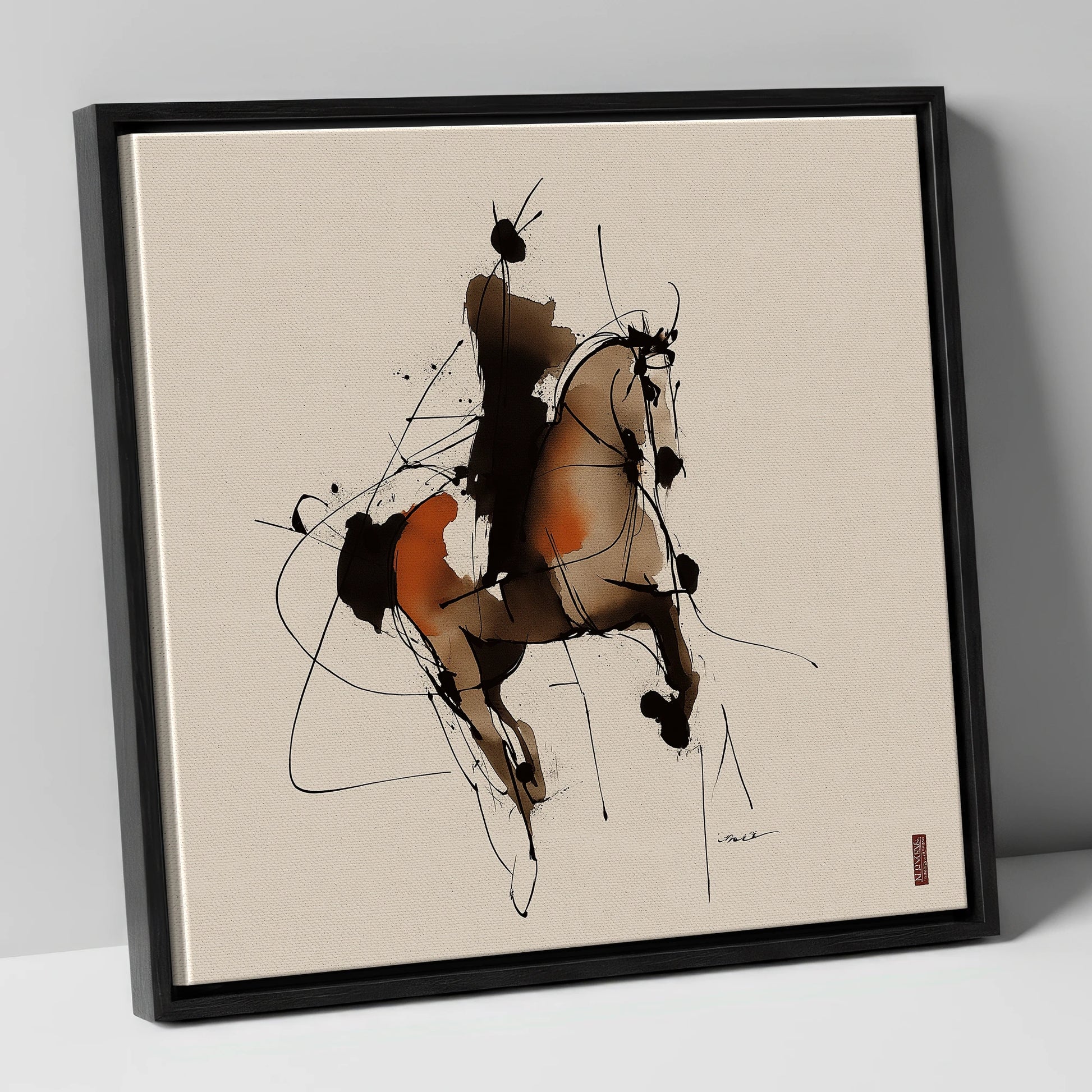 Abstract Dressage Silhouette dressage horse canvas wall art in black frame