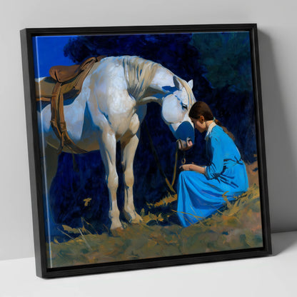 Bond in Blue and Gold horse & rider canvas wall art in black frame