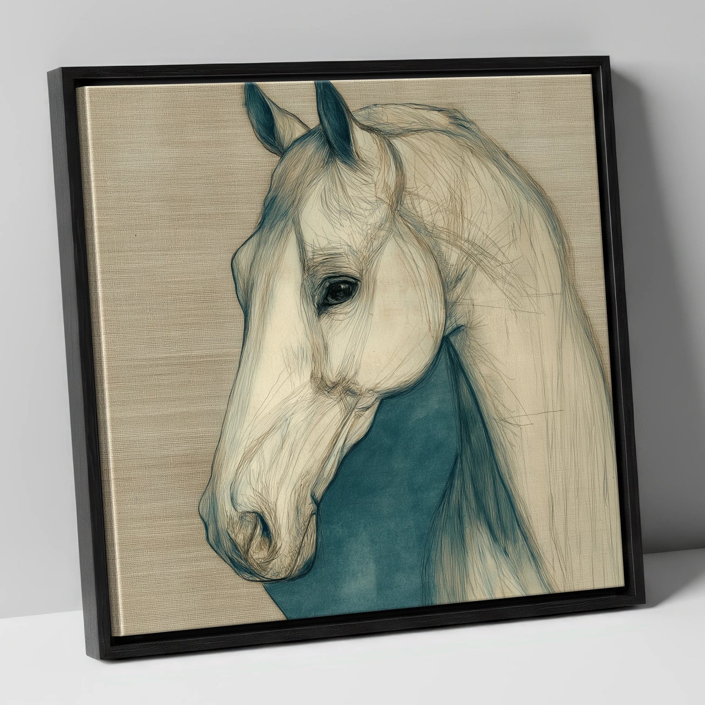 Serene Profile Sketch horse portrait canvas wall art in black frame