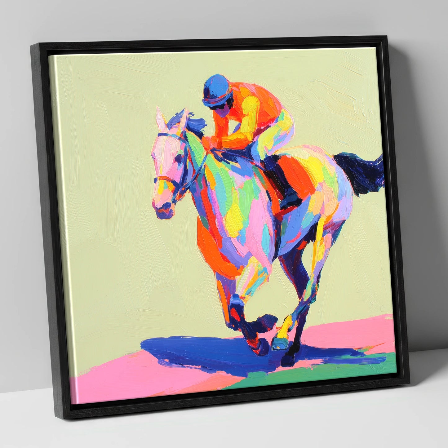 Technicolour Sprint racing horse canvas wall art in black frame