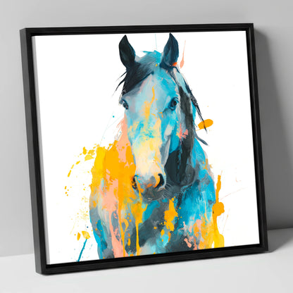 Teal and Amber Gaze horse portrait canvas wall art in black frame