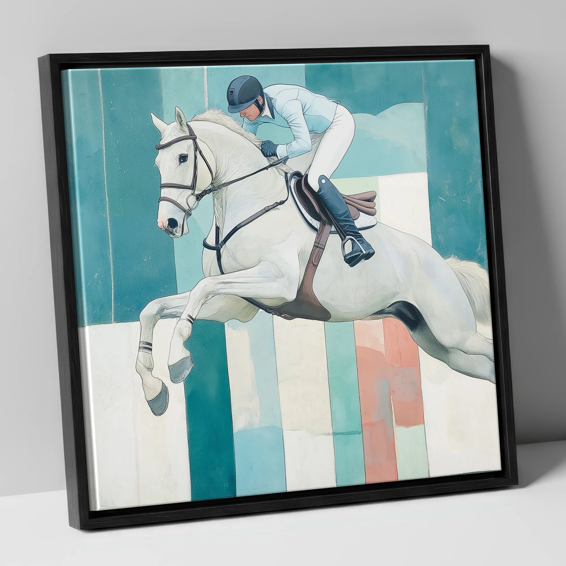 Aquamarine Ascent show jumping horse canvas wall art in black frame