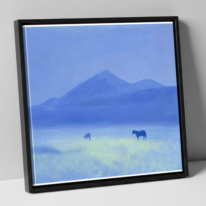 Azure Morning Mist horse landscape canvas wall art in black frame