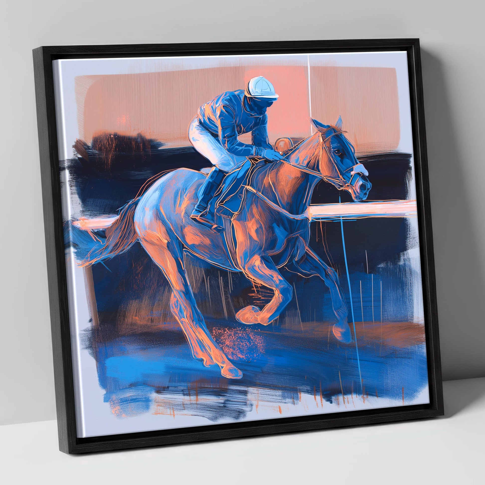 Cobalt Stride racing horse canvas wall art in black frame