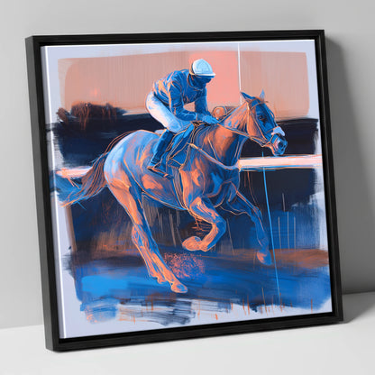 Cobalt Stride racing horse canvas wall art in black frame