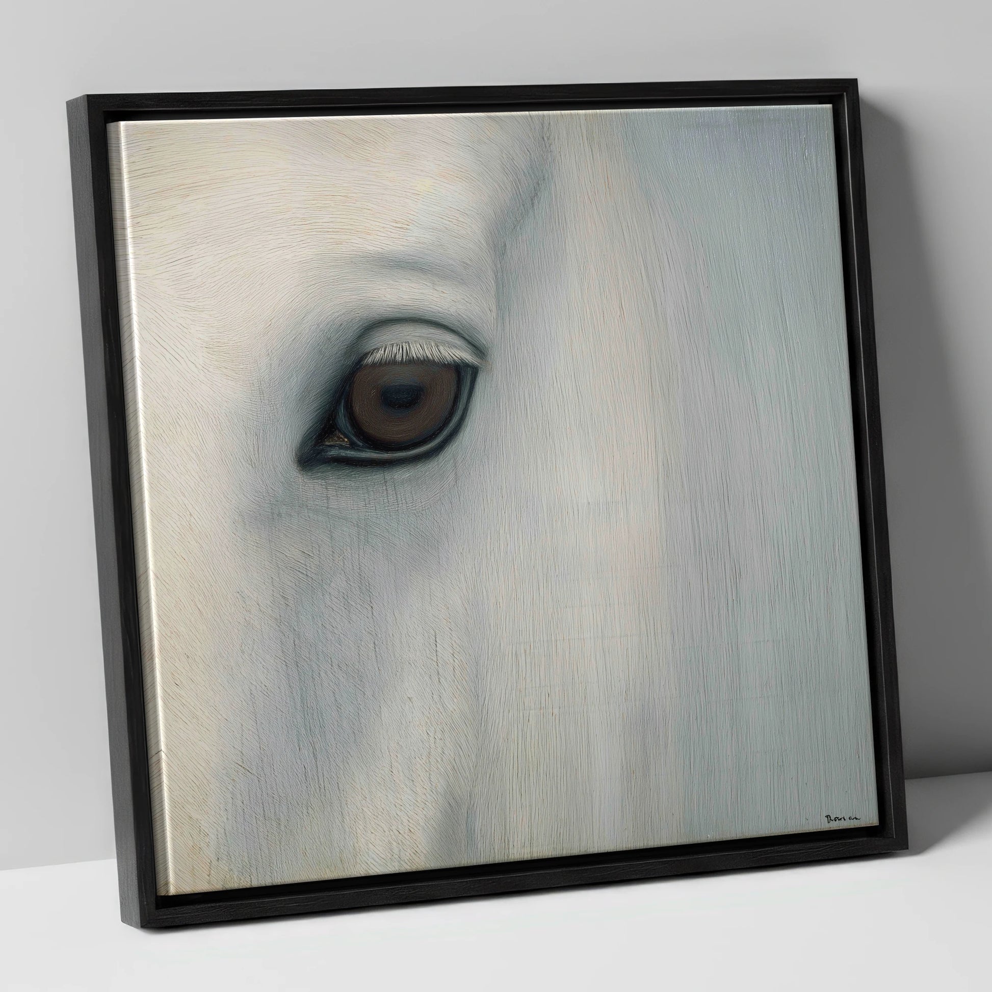 Quiet Gaze of the Grey horse portrait canvas wall art in black frame