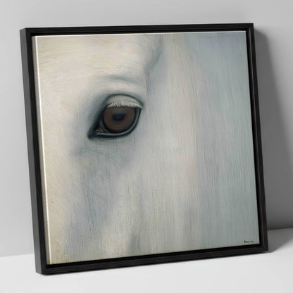 Quiet Gaze of the Grey horse portrait canvas wall art in black frame