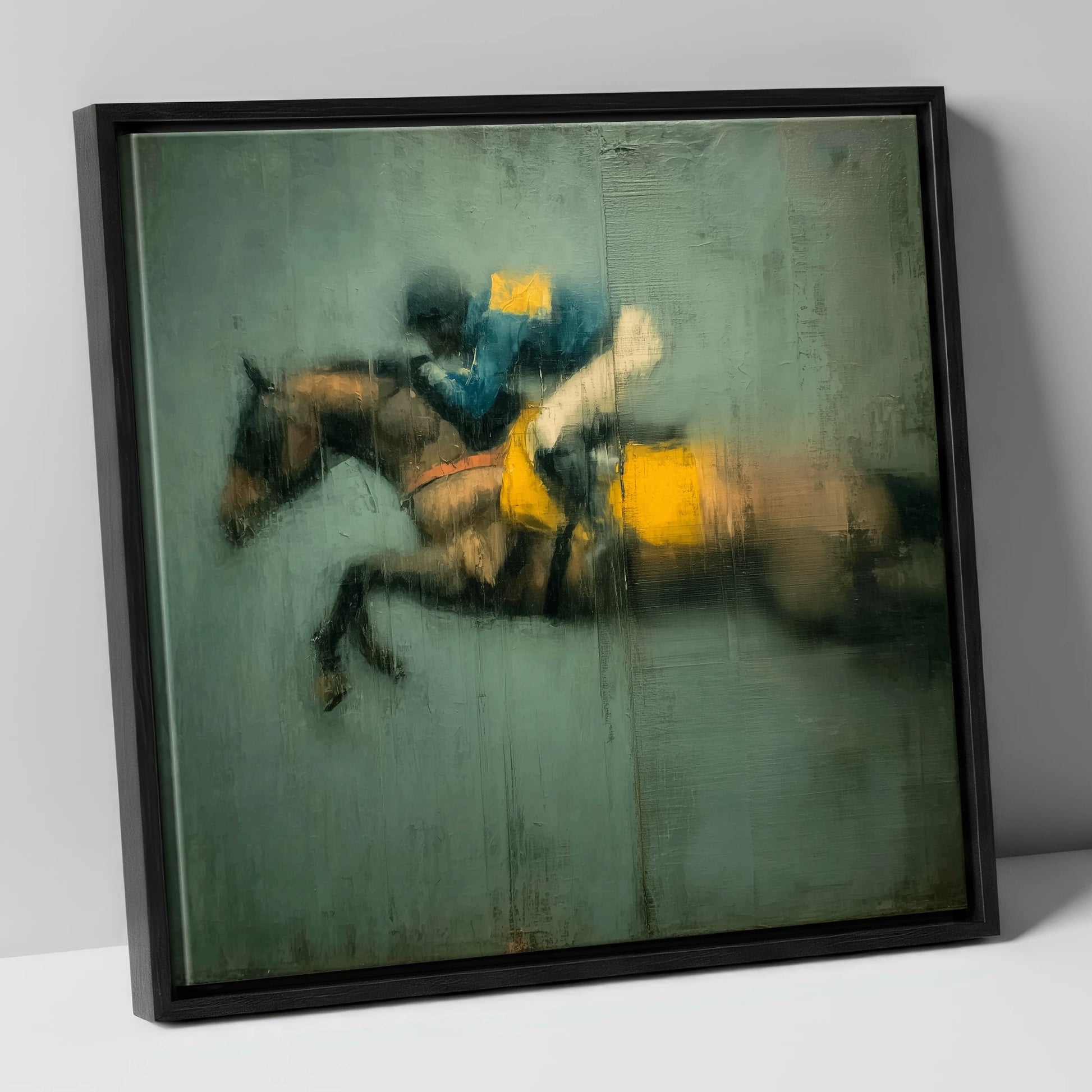 Airborne in Teal and Gold show jumping horse canvas wall art in black frame