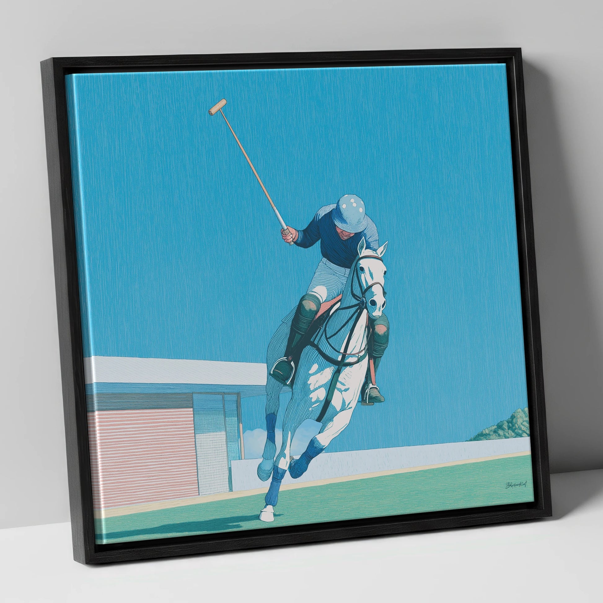 The Azure Chukka polo horse canvas wall art in black frame