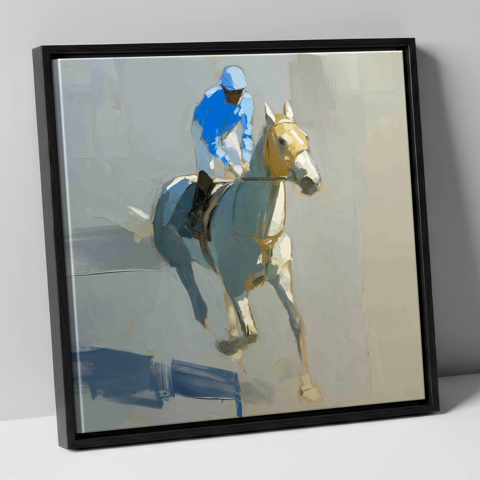 The Blue Silk Focus racing horse canvas wall art in black frame