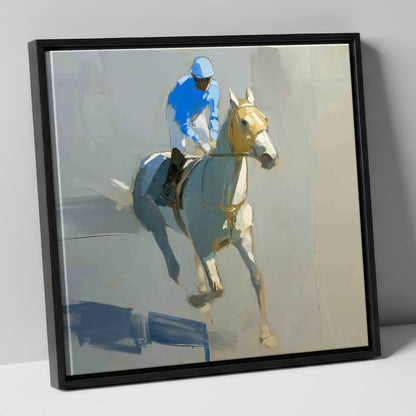 The Blue Silk Focus racing horse canvas wall art in black frame