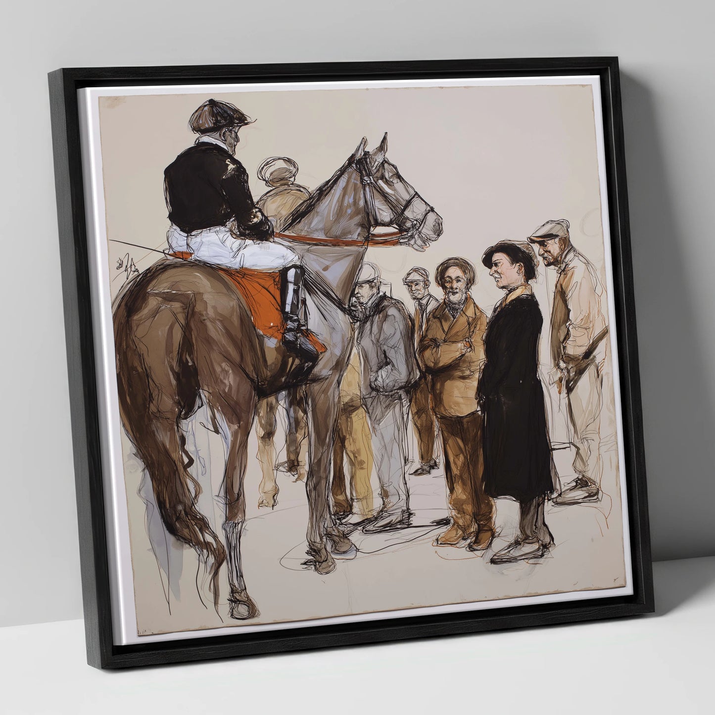 The Paddock Assembly racing horse canvas wall art in black frame