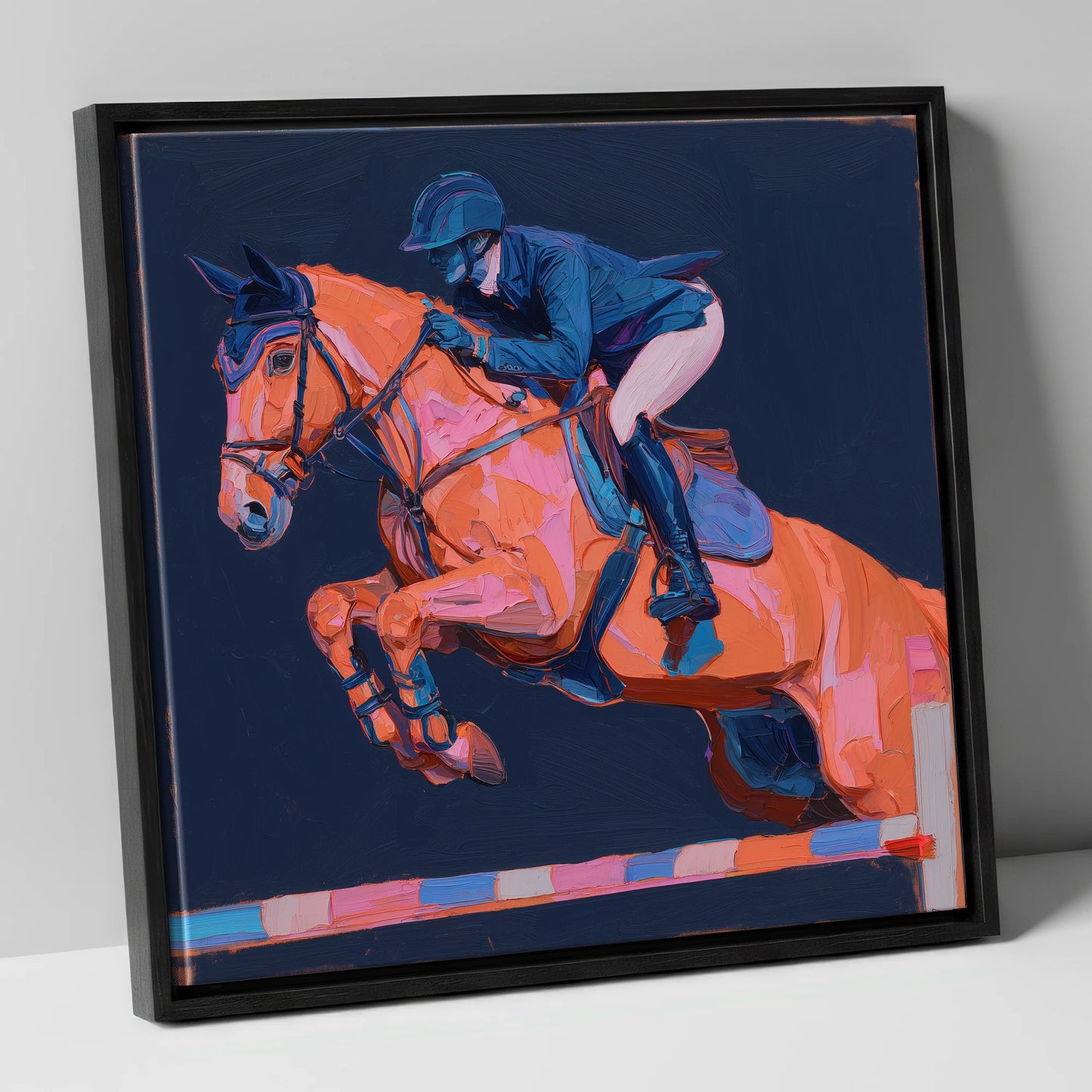 Vivid Flight show jumping horse canvas wall art in black frame