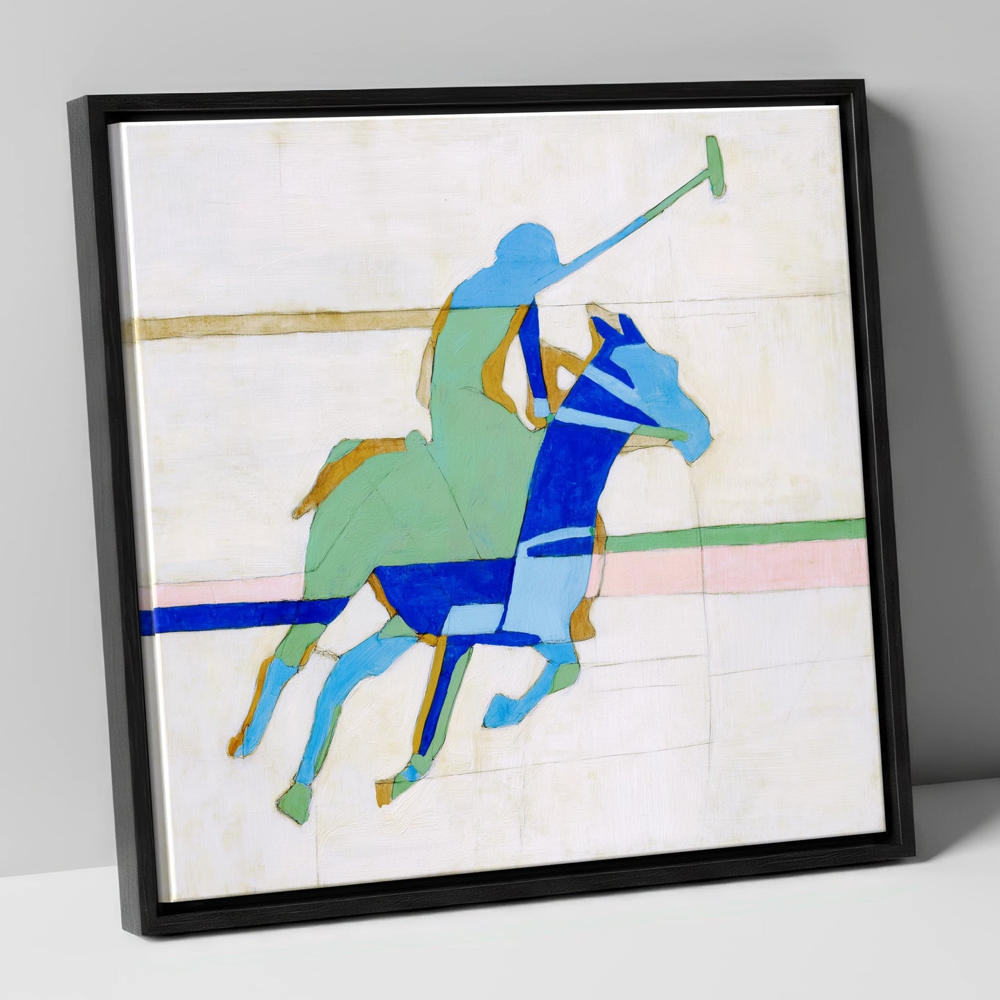 Dynamic Azure Polo polo horse canvas wall art in black frame