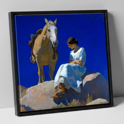 Beneath Azure Skies horse & rider canvas wall art in black frame