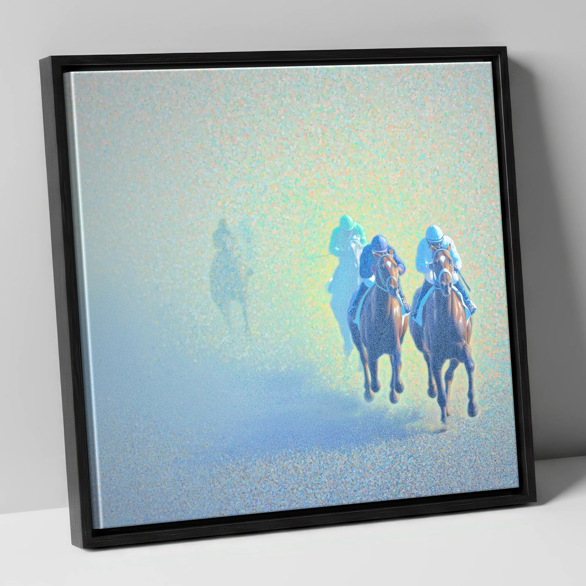 Luminous Morning Chase racing horse canvas wall art in black frame