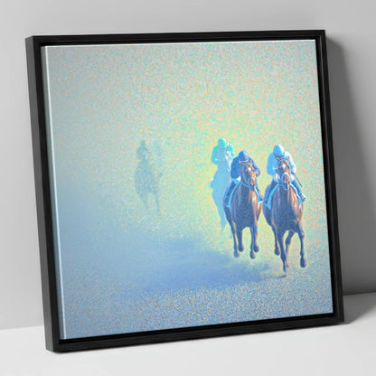 Luminous Morning Chase racing horse canvas wall art in black frame