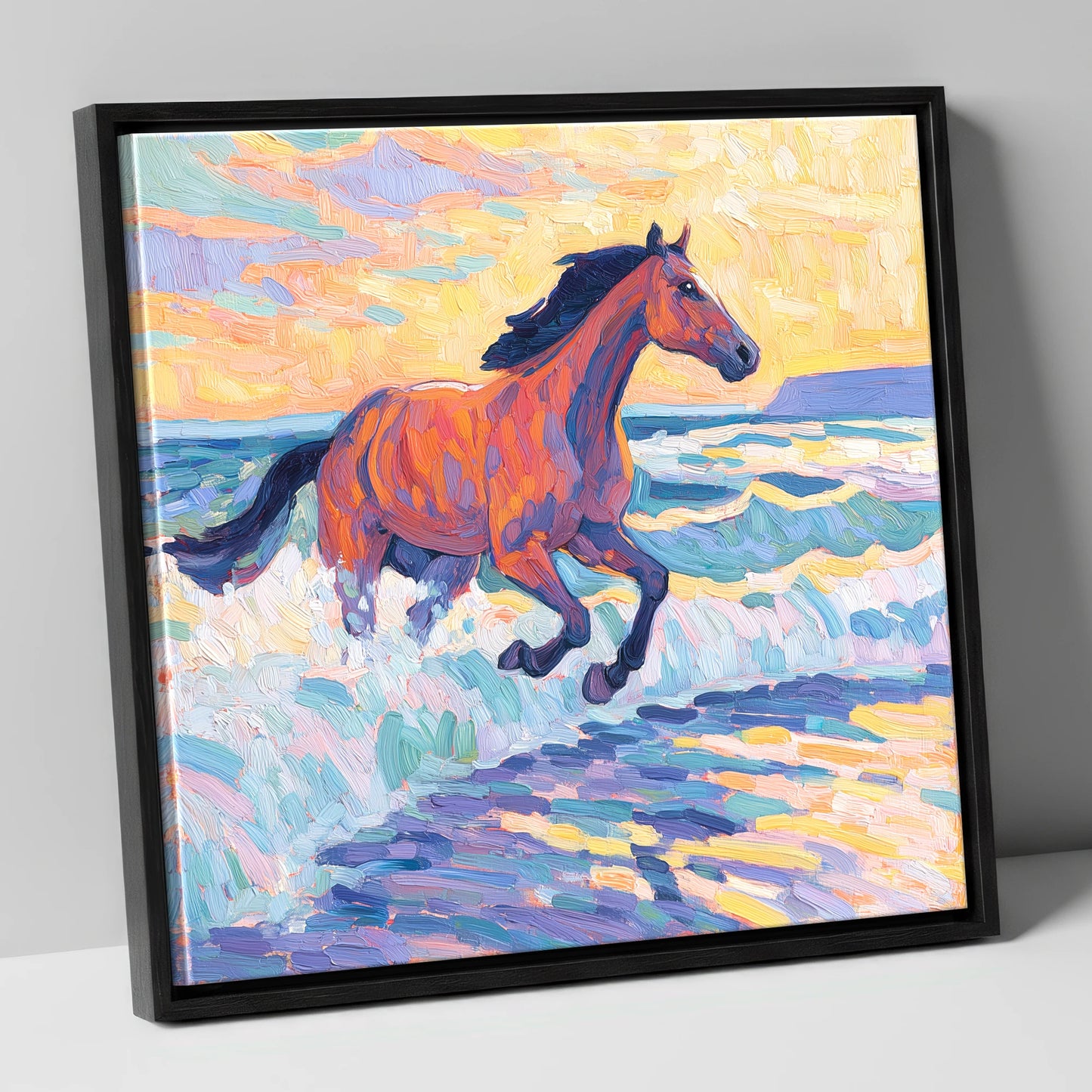 Painted Tide Canter beach horse canvas wall art in black frame