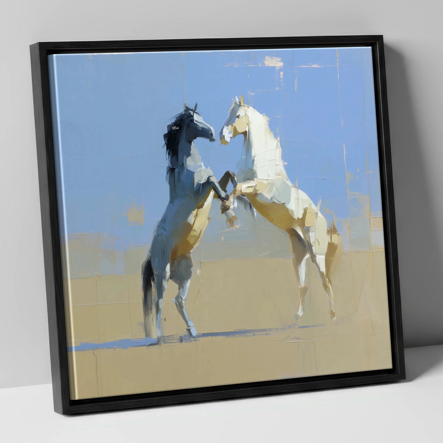 Sunlit Sparring wild horses canvas wall art in black frame