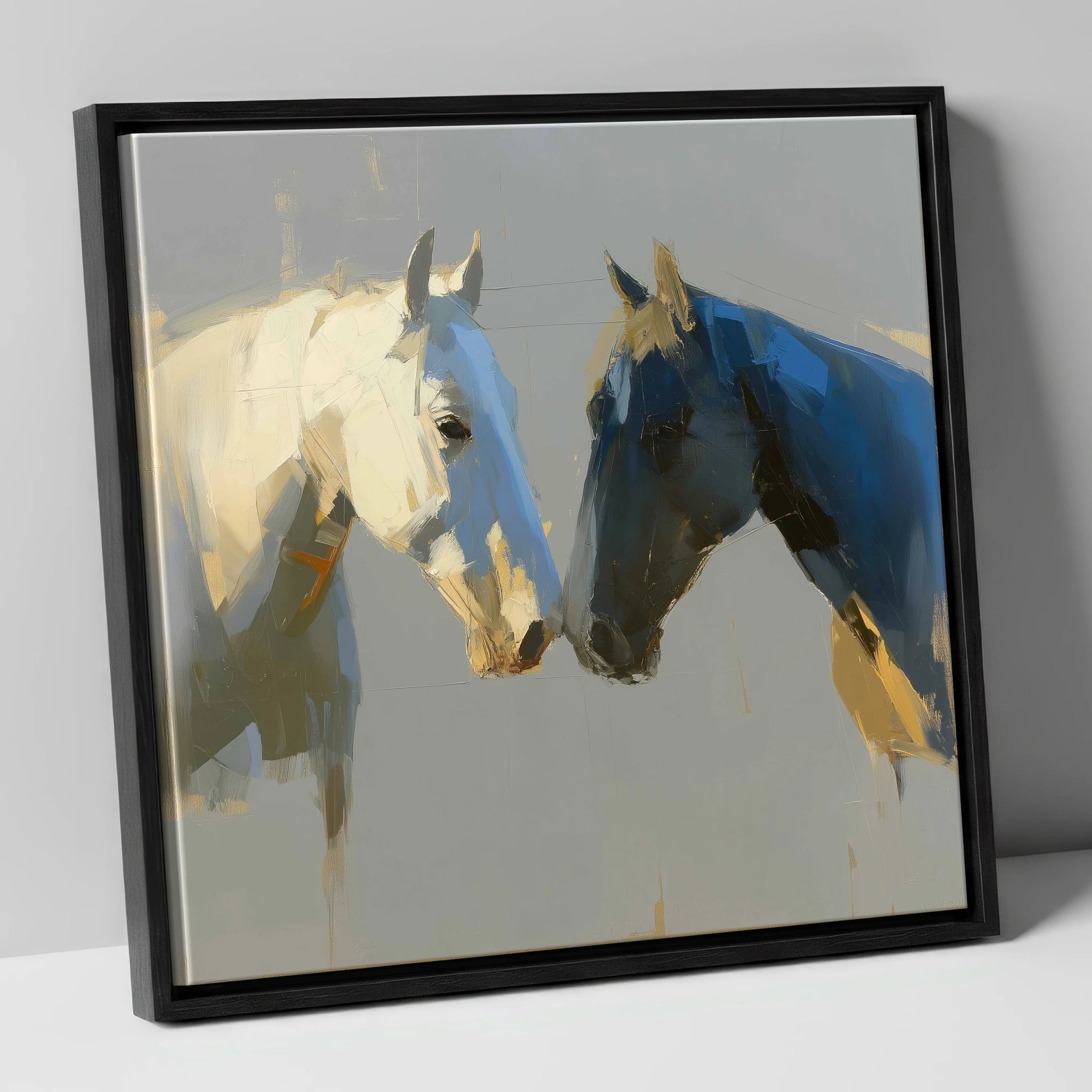 Quiet Encounter horse portrait canvas wall art in black frame