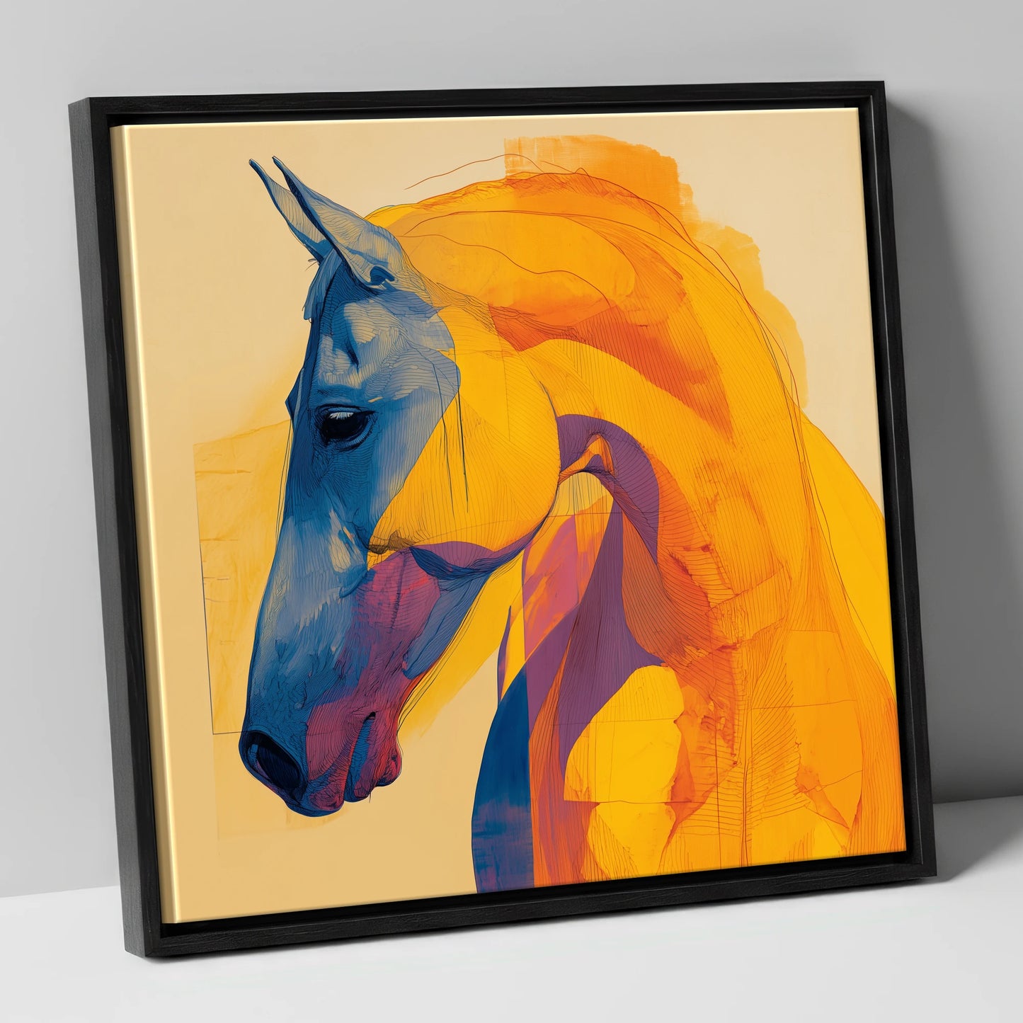 Cobalt and Gold Contour horse breed canvas wall art in black frame