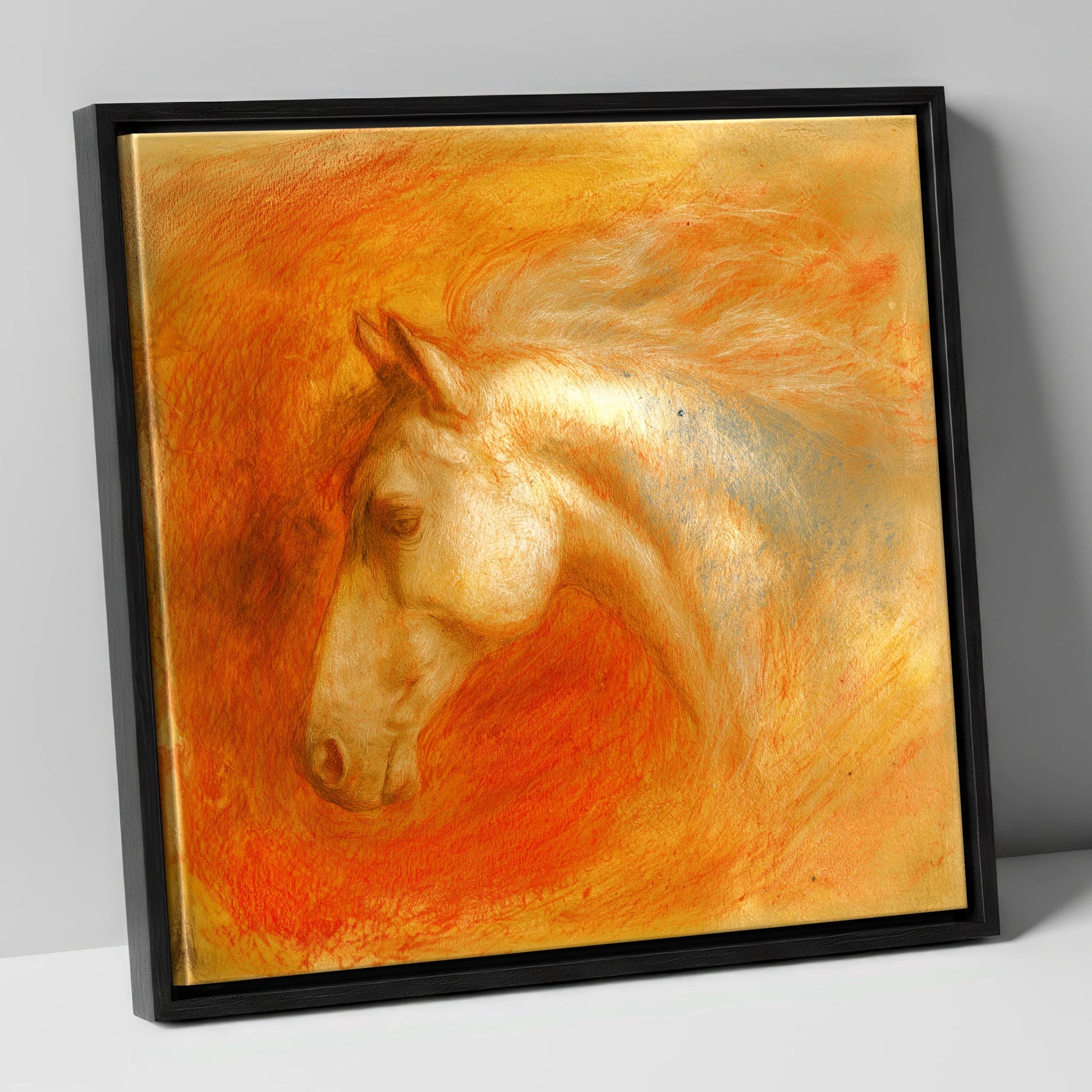 Radiant Terracotta Spirit horse portrait canvas wall art in black frame