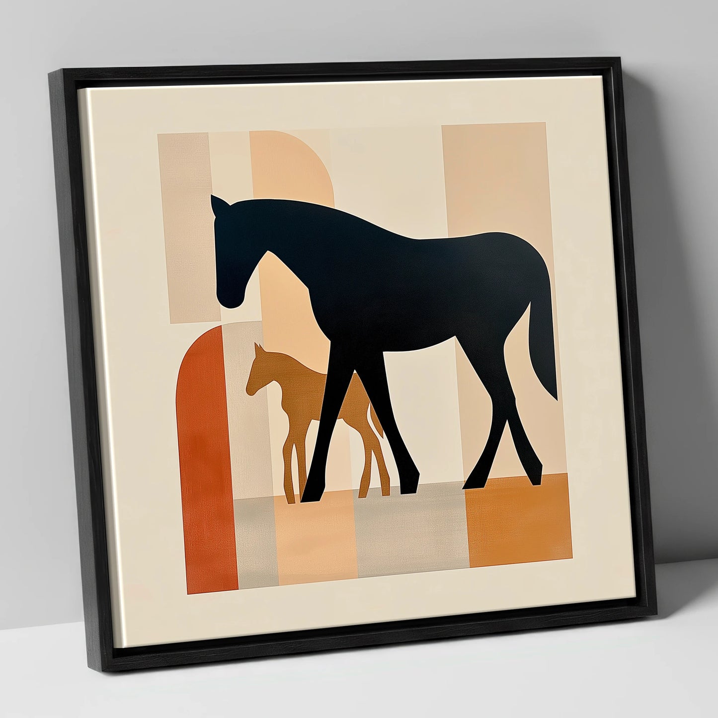 Mid-Century Maternal Bond mare & foal canvas wall art in black frame