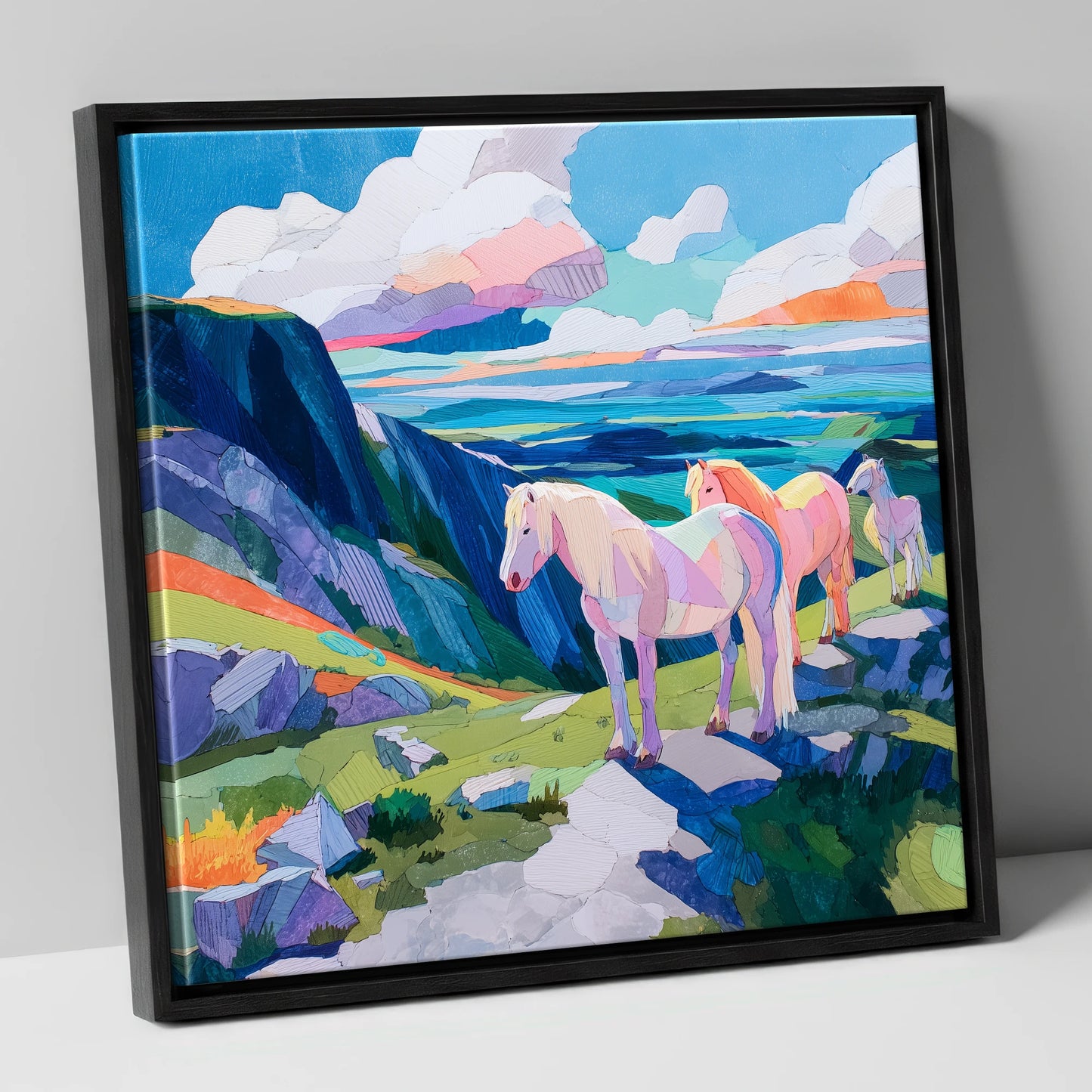 Vibrant Highland Dreamscape horse landscape canvas wall art in black frame