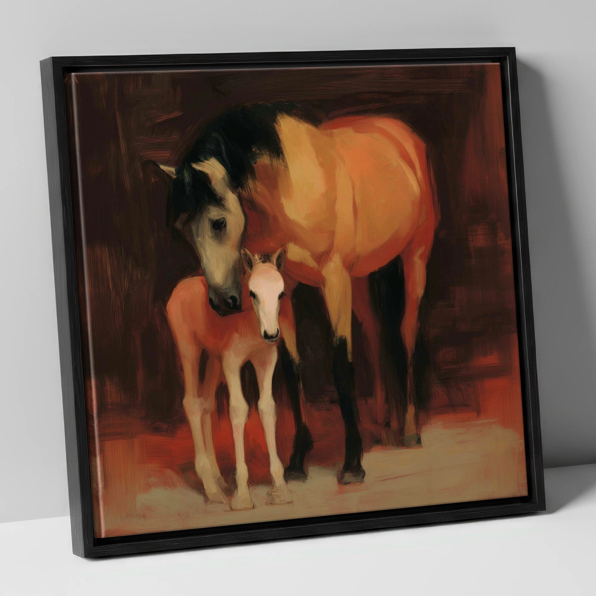 The Nurturing Bond mare & foal canvas wall art in black frame