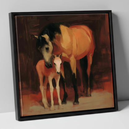 The Nurturing Bond mare & foal canvas wall art in black frame