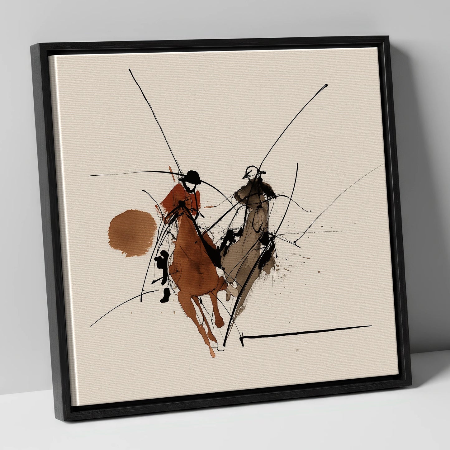 The Ride-Off polo horse canvas wall art in black frame