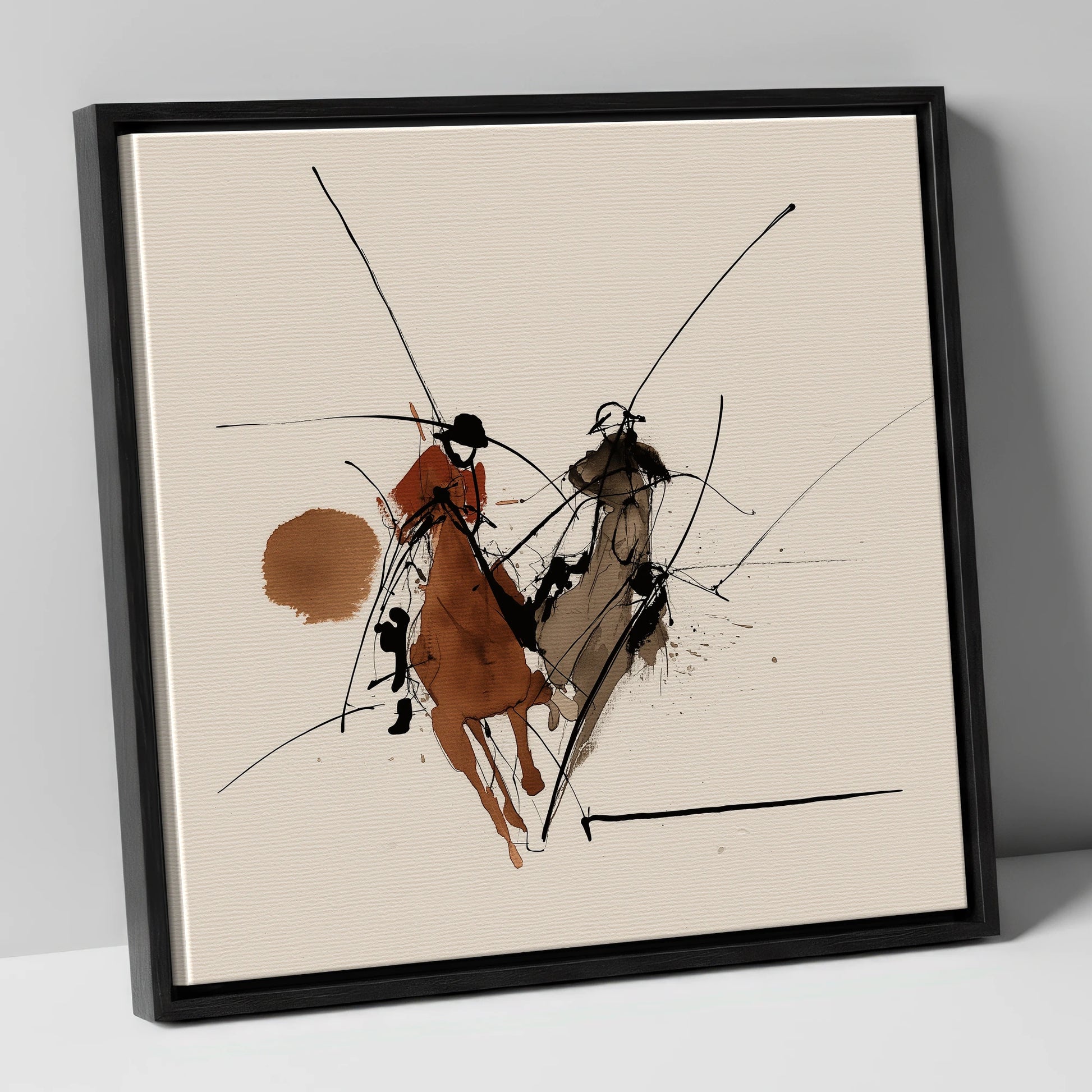 The Ride-Off polo horse canvas wall art in black frame