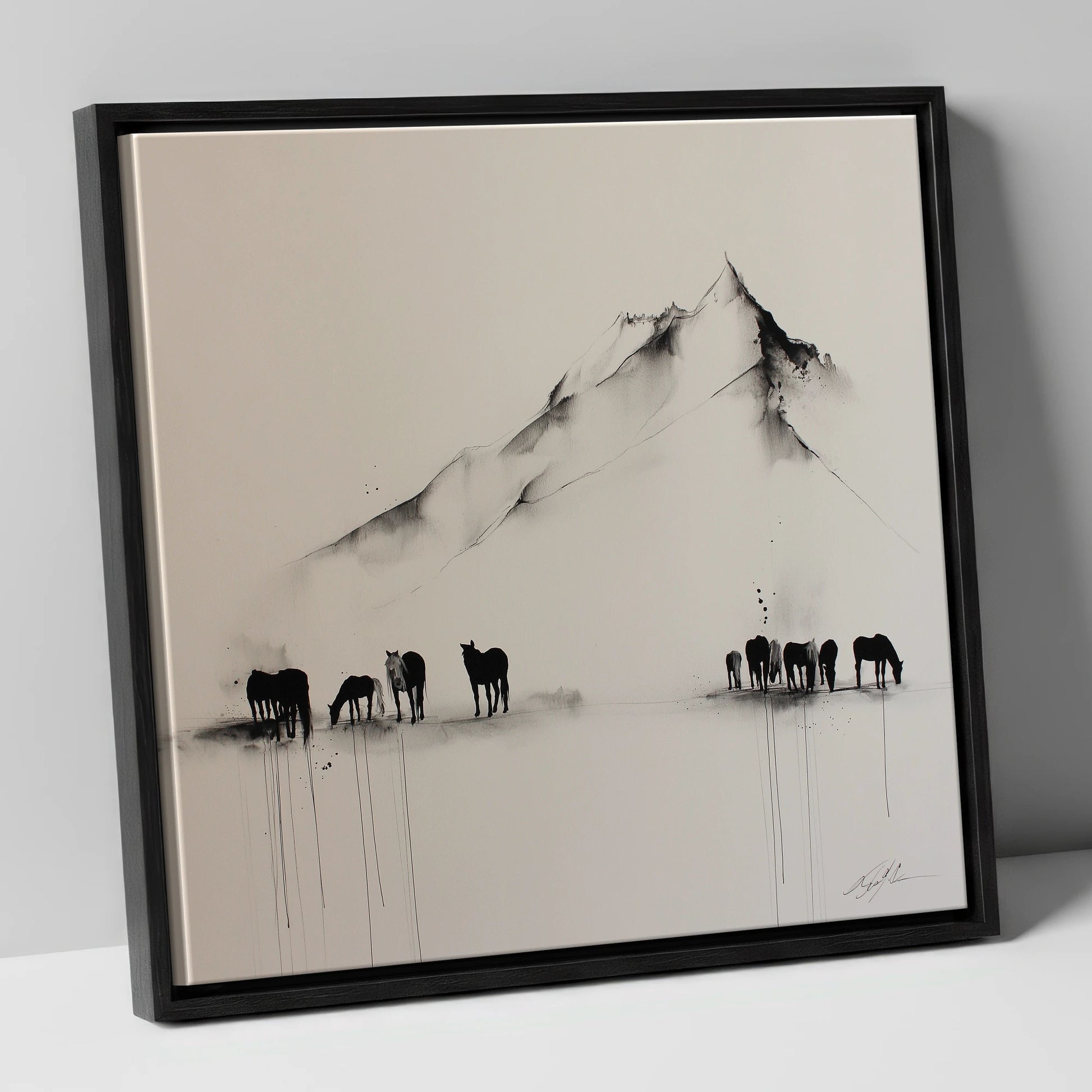 Ethereal Mountain Herd horse landscape canvas wall art in black frame