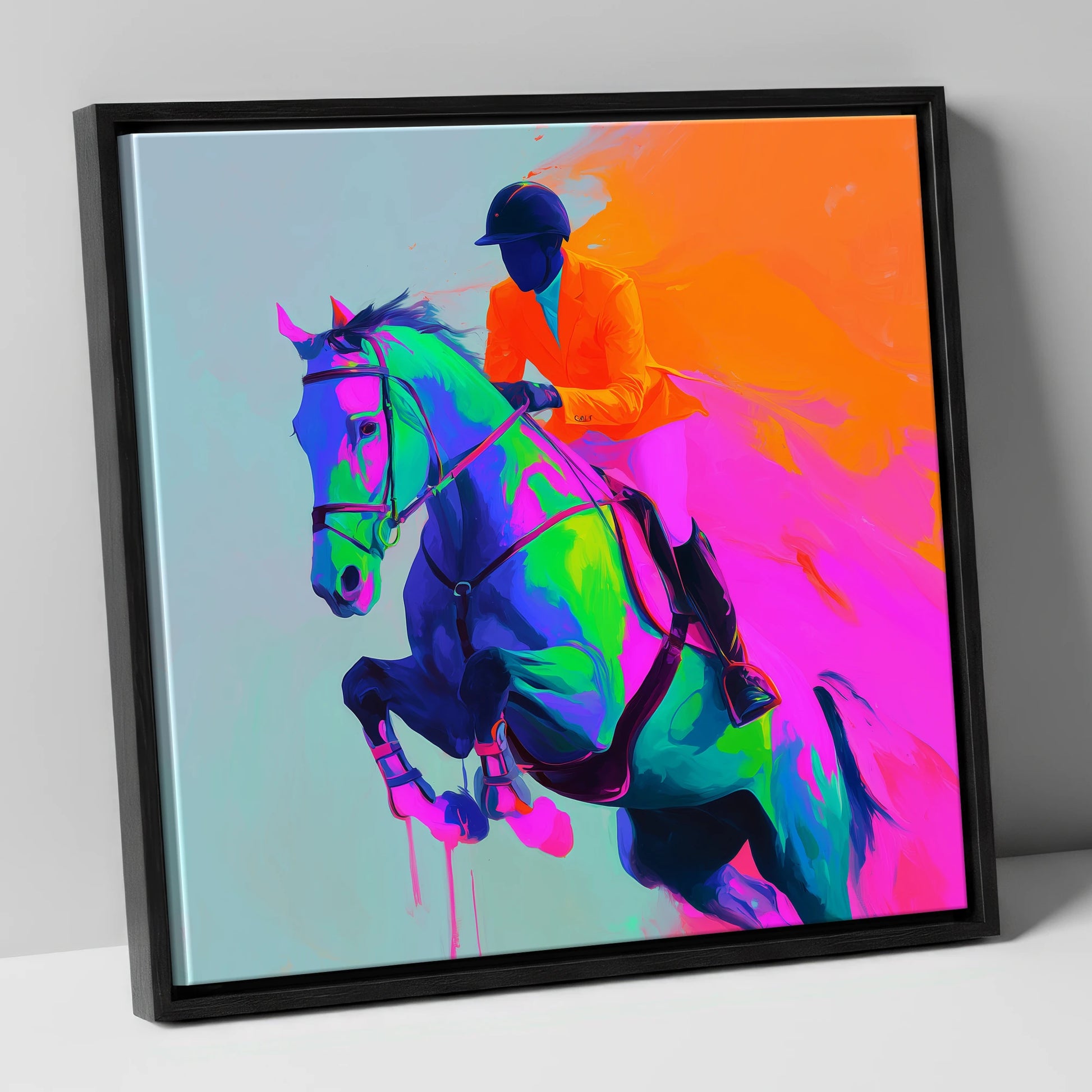 Technicolour Flight show jumping horse canvas wall art in black frame
