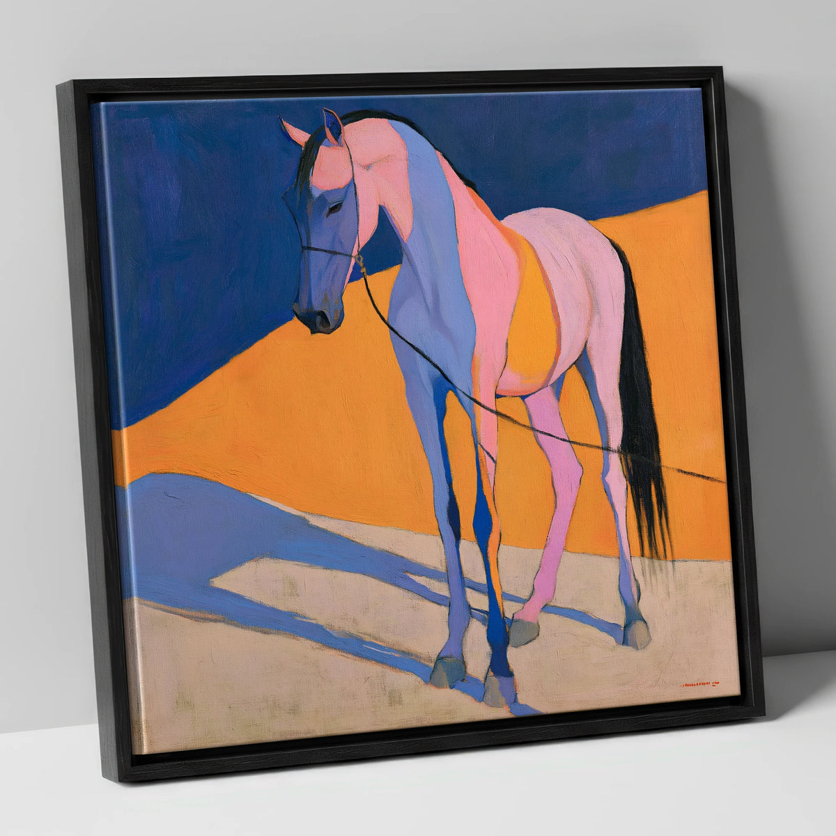 Pink and Blue Abstract Horse horse breed canvas wall art in black frame