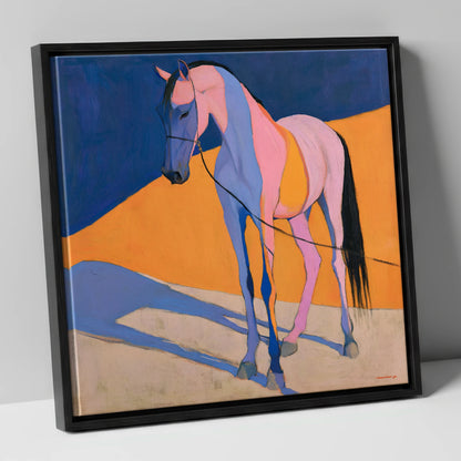 Pink and Blue Abstract Horse horse breed canvas wall art in black frame