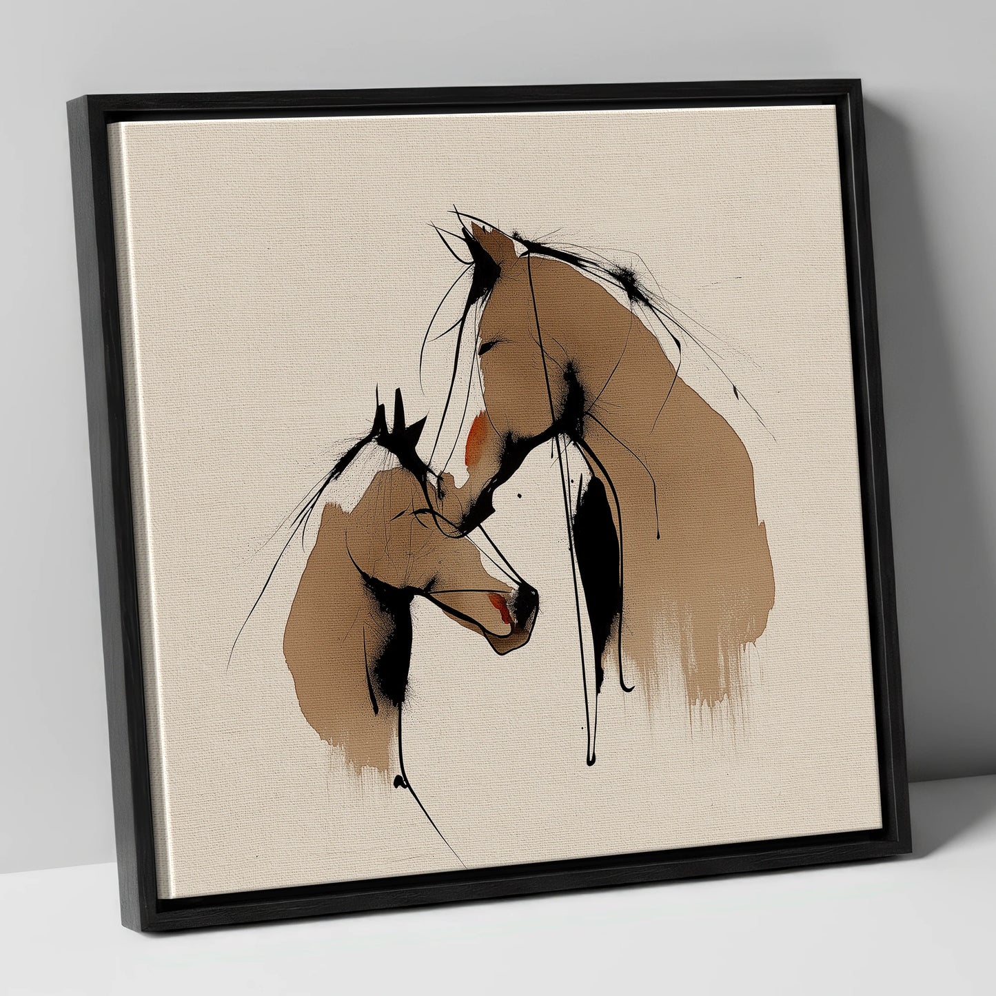 Tender Whispers mare & foal canvas wall art in black frame