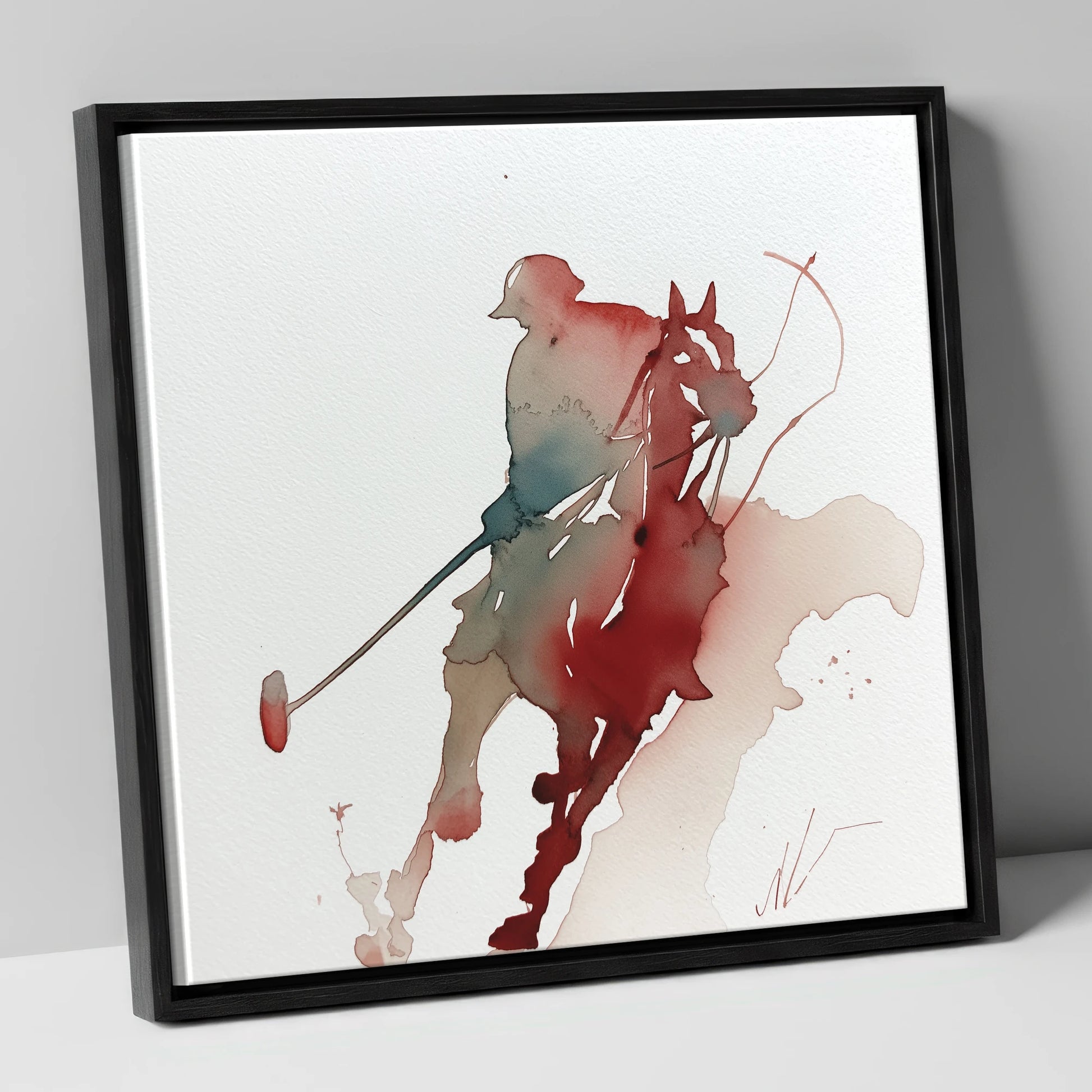 The Crimson Chukka polo horse canvas wall art in black frame
