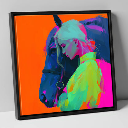 Technicolour Trust horse & rider canvas wall art in black frame