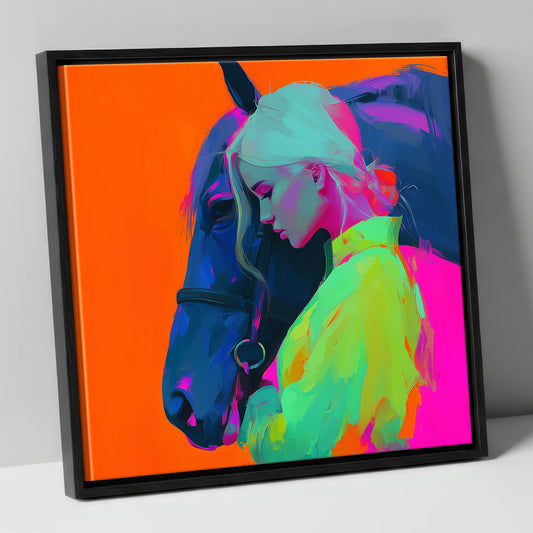 Technicolour Trust horse & rider canvas wall art in black frame