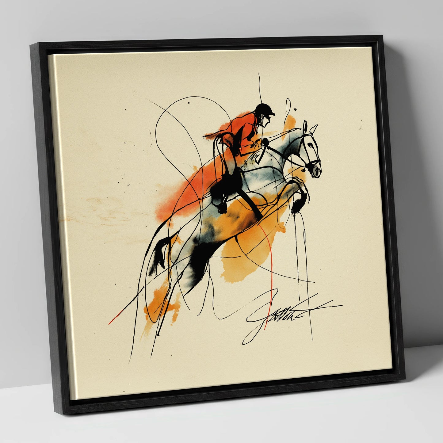 Suspended in Amber show jumping horse canvas wall art in black frame