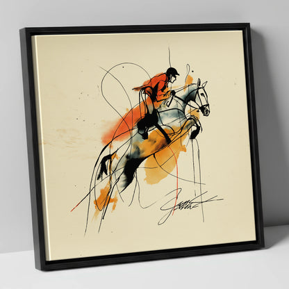 Suspended in Amber show jumping horse canvas wall art in black frame