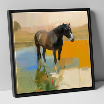 Reflections in Ochre horse portrait canvas wall art in black frame