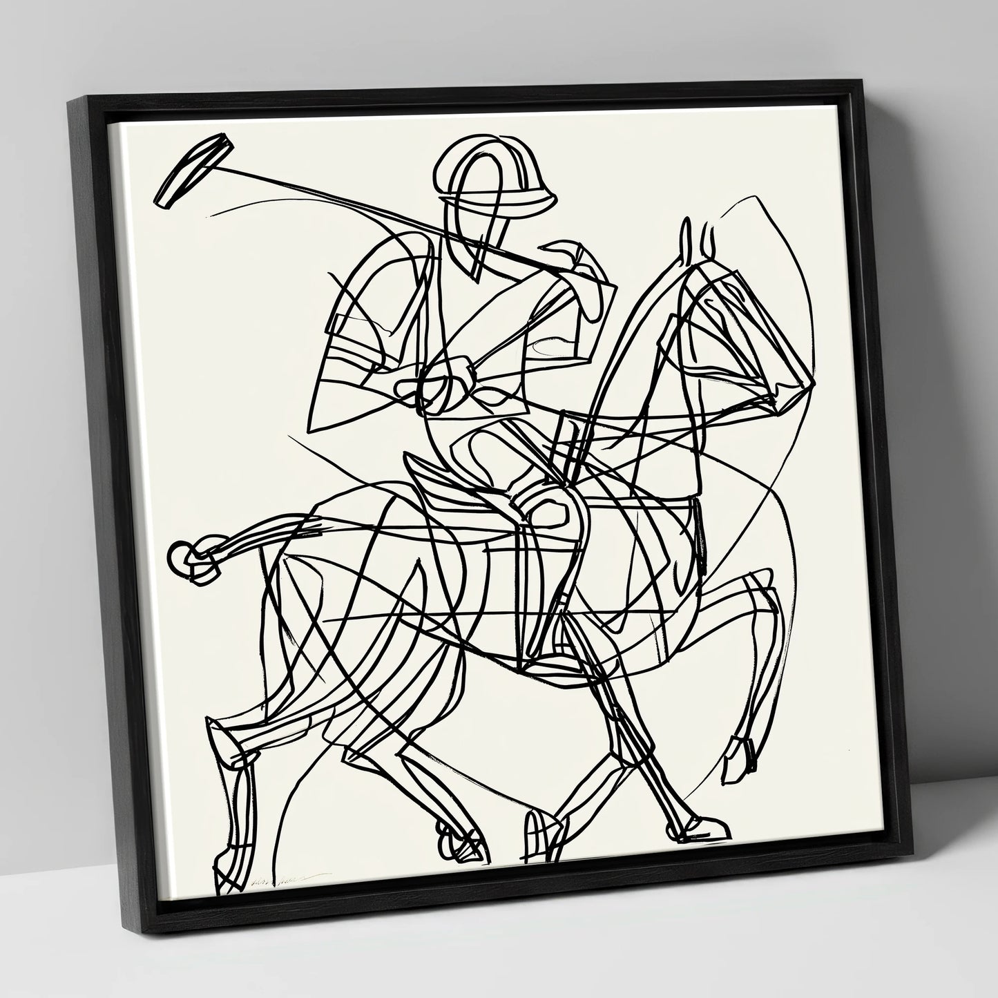 Linear Polo Strike polo horse canvas wall art in black frame