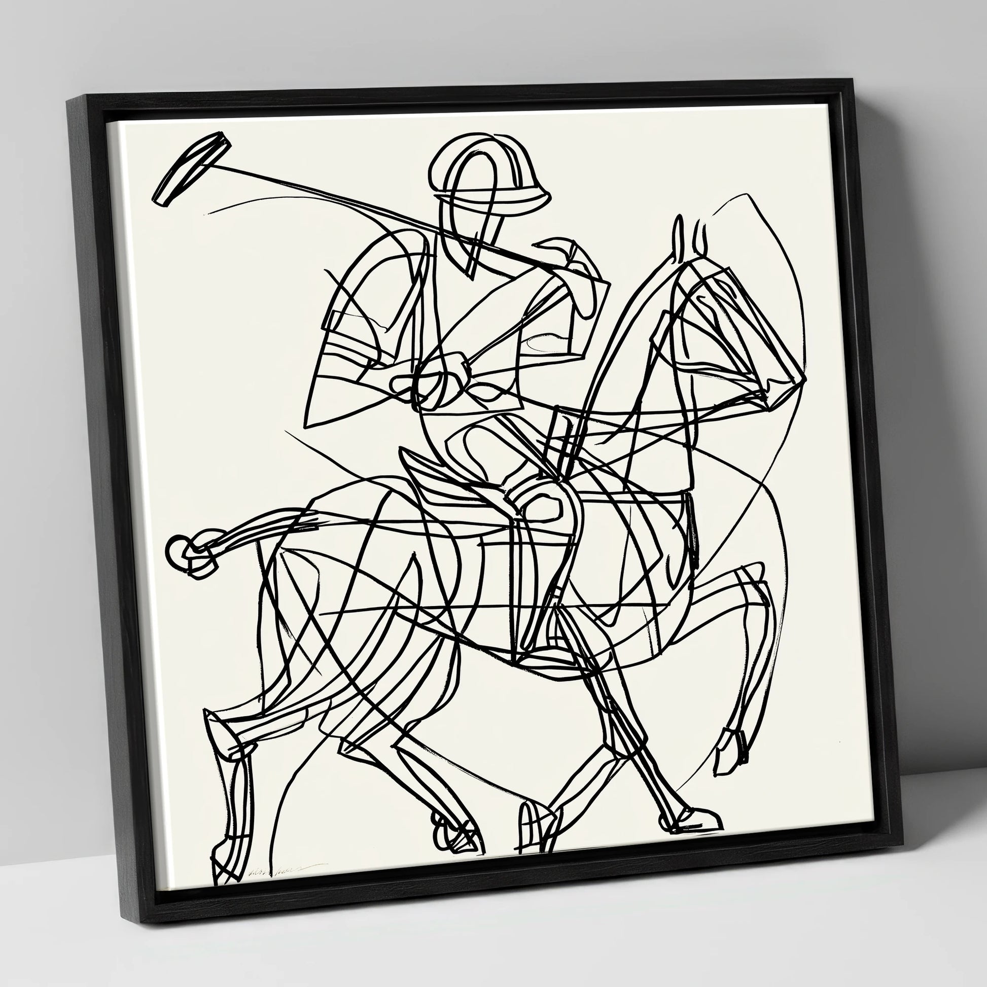 Linear Polo Strike polo horse canvas wall art in black frame