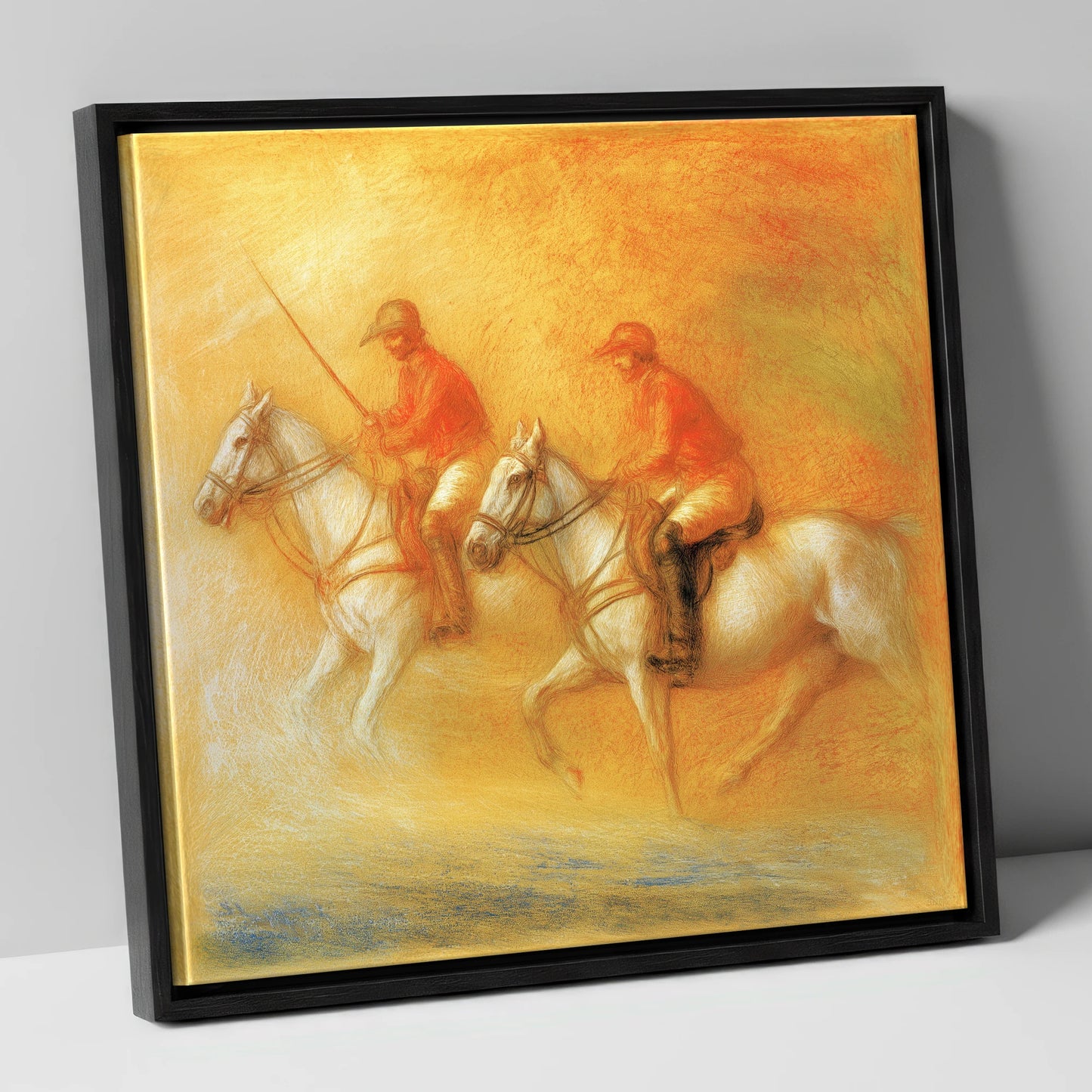 Golden Hour Polo polo horse canvas wall art in black frame