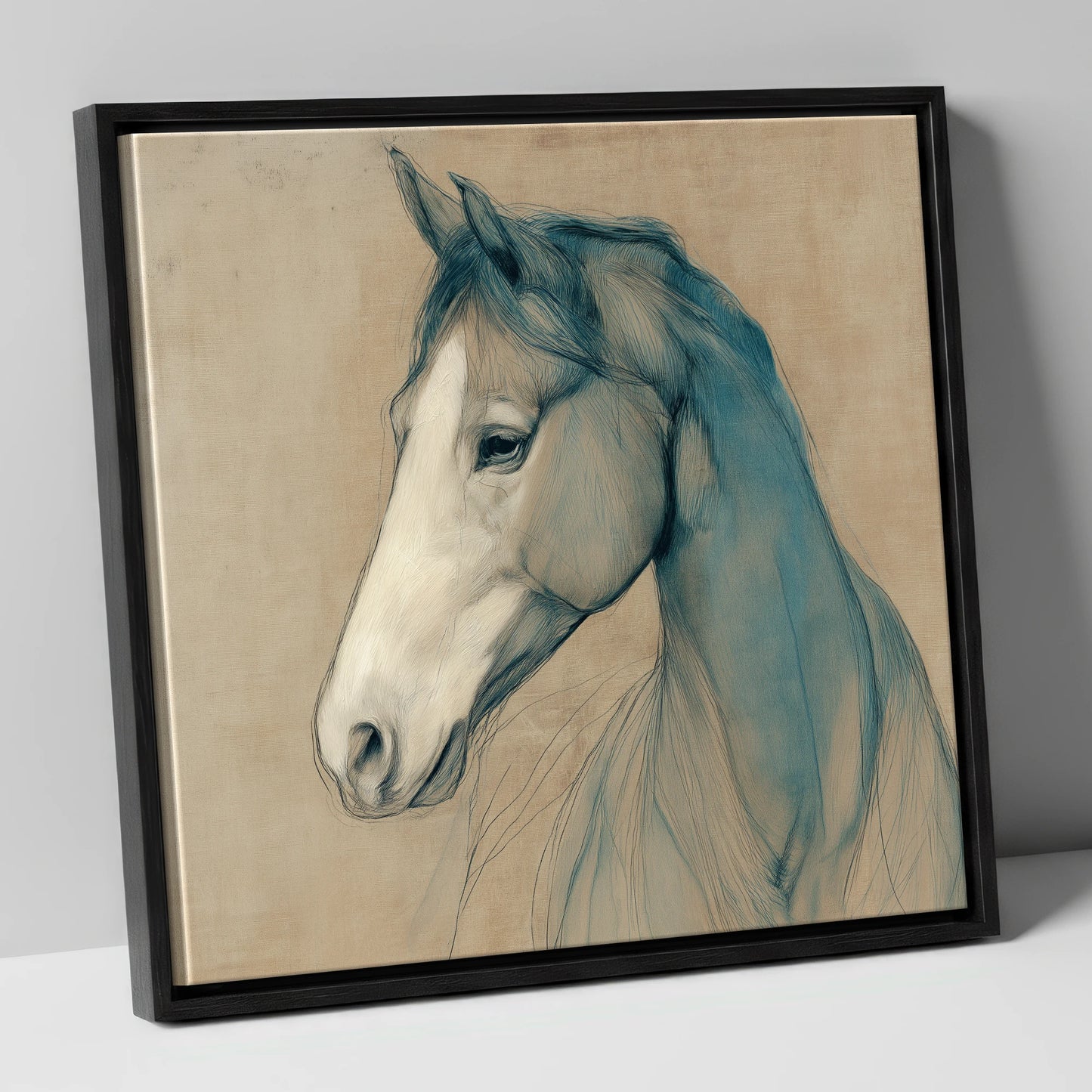 Teal Equine Study horse portrait canvas wall art in black frame