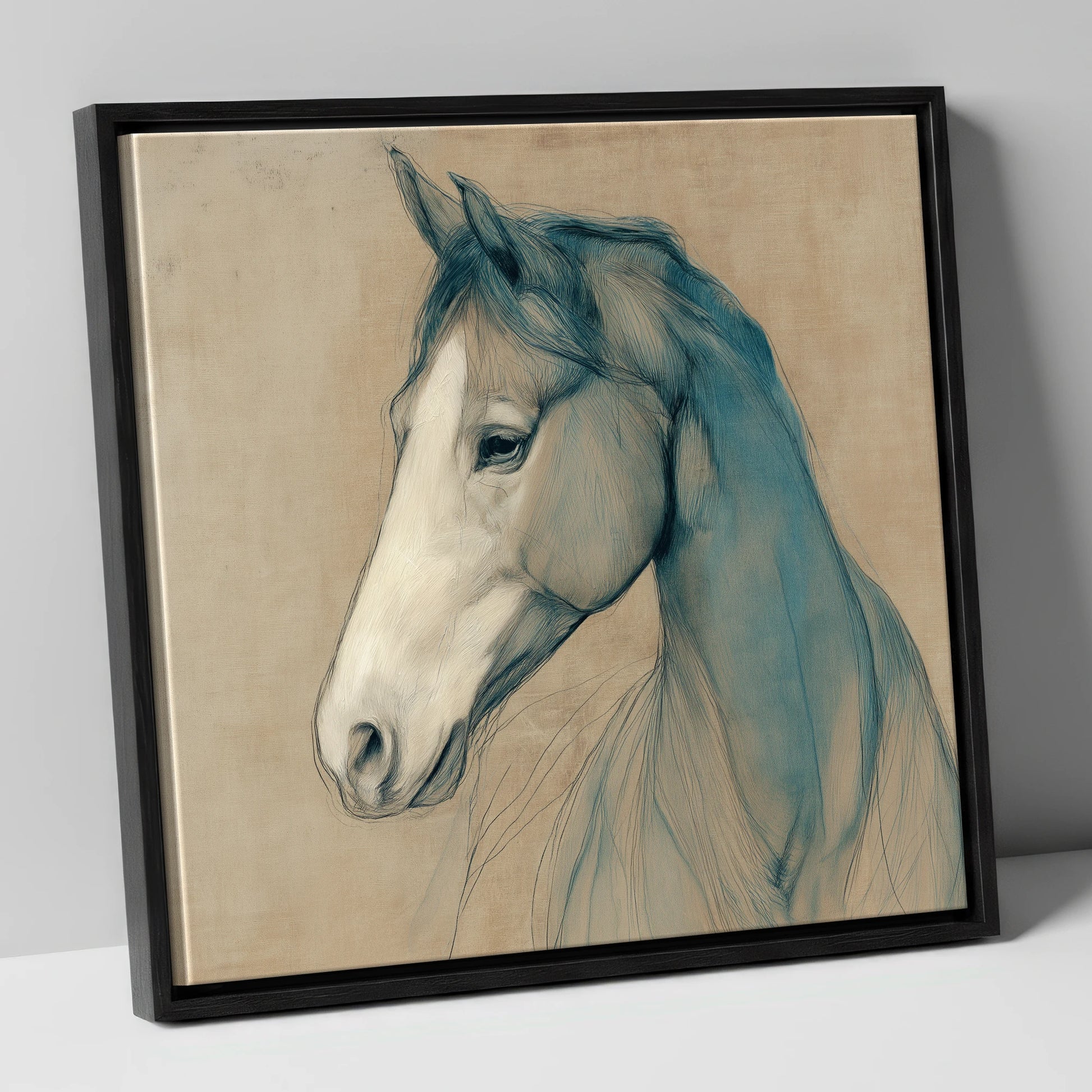 Teal Equine Study horse portrait canvas wall art in black frame